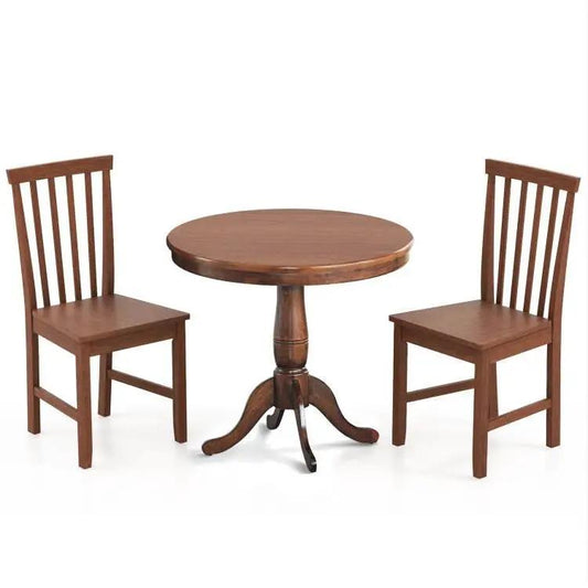 Walnut round dining table with pedestal base and two slat-back chairs, 3-piece dining set on Tampa Home & Garden Store