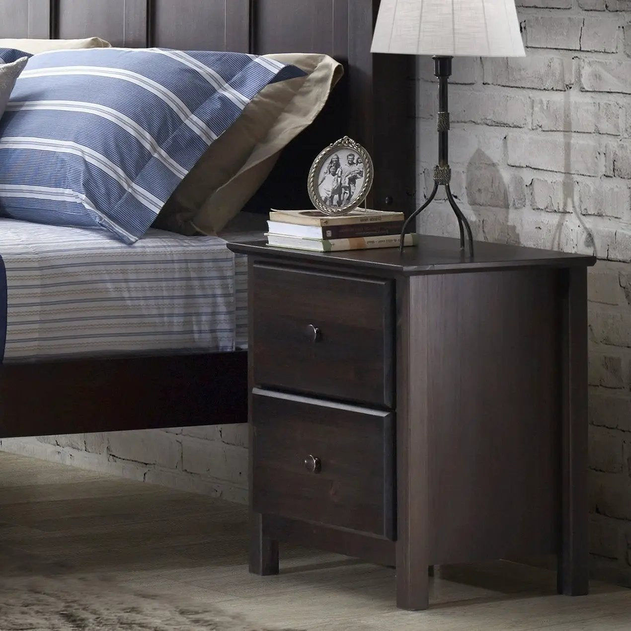 Farmhouse Solid Pine Wood 2 Drawer Nightstand in Espresso - Tampa Home & Garden Store