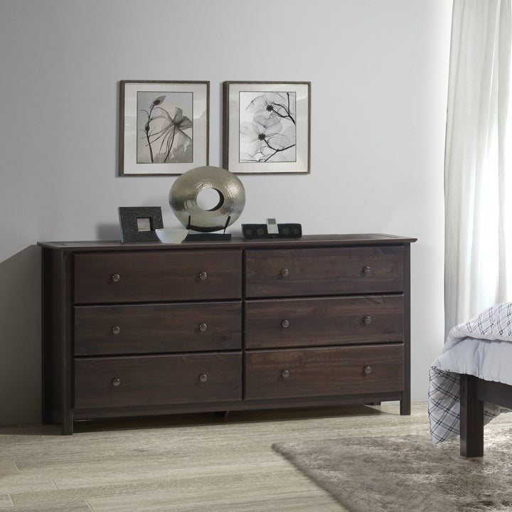 Cómoda de 6 cajones de madera maciza de pino estilo rústico con acabado espresso