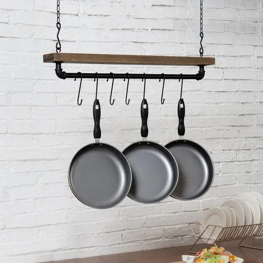 FarmHome Rustic Ceiling Pot Rack with 8 S-hooks, wood and black iron pipe holding 3 pans on Tampa Home & Garden Store