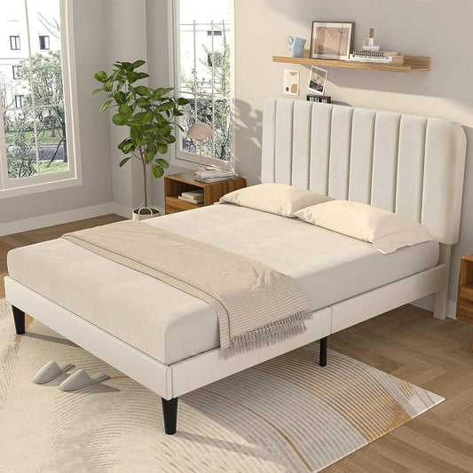 Full size Beige Upholstered Platform Bed Frame with Headboard - Tampa Home & Garden Store