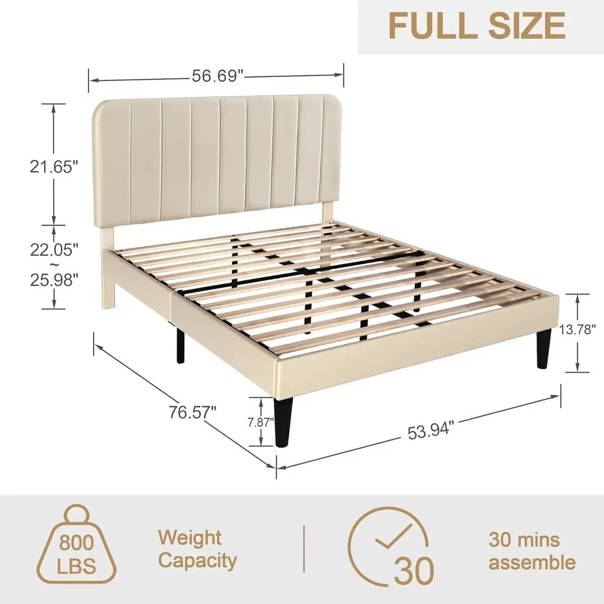 Full size Beige Upholstered Platform Bed Frame with Headboard - Tampa Home & Garden Store