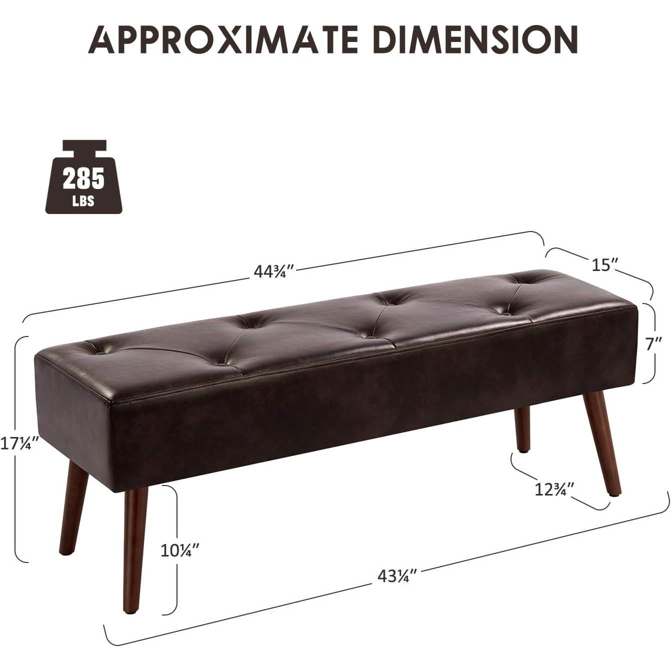 Banco de Cama de Mediados de Siglo con Asiento Tapizado en Piel Marrón Oscuro y Patas de Madera Maciza