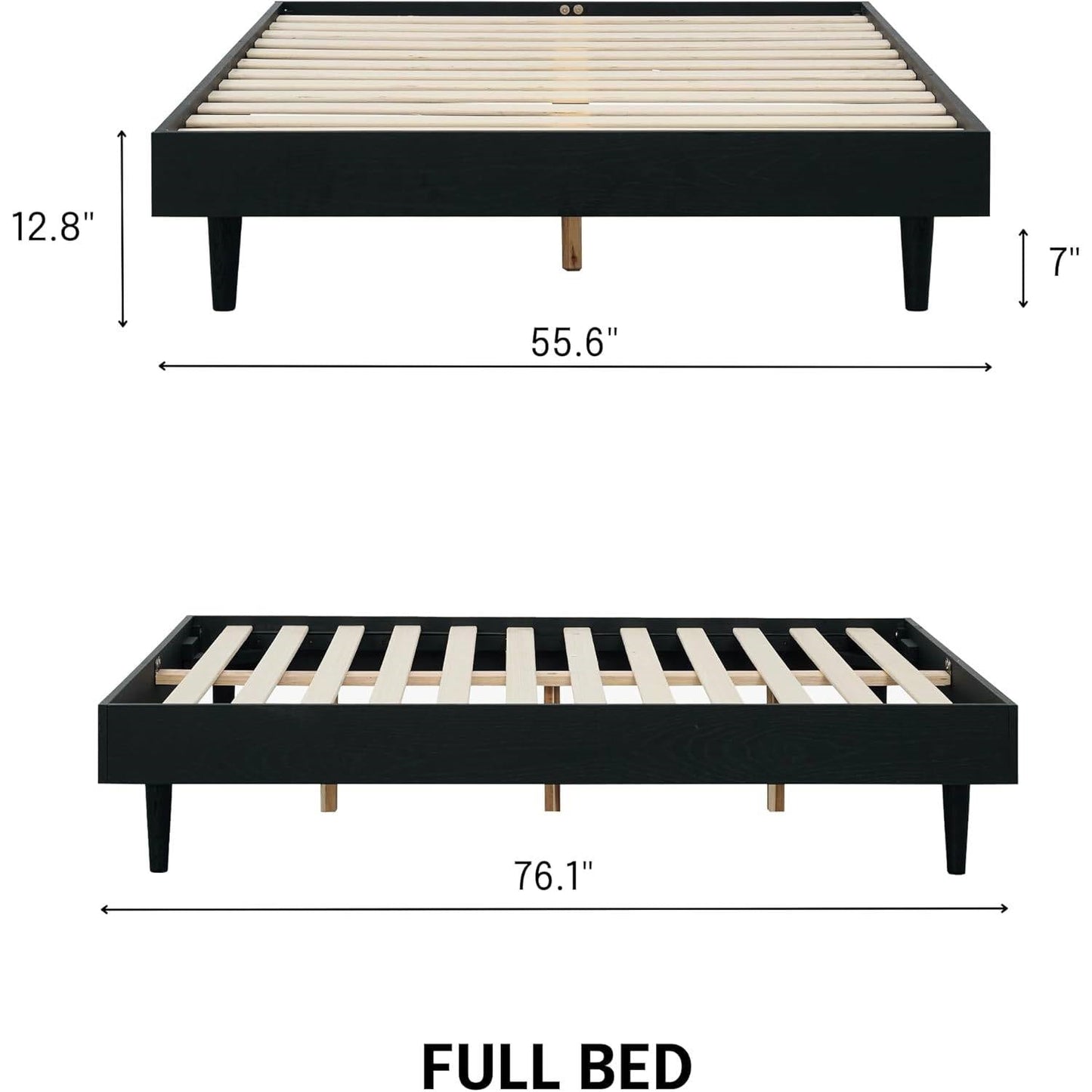 Base de cama moderna de mediados de siglo de tamaño matrimonial con acabado de madera negra