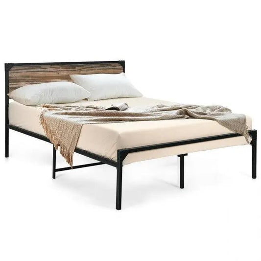 Rustic FarmHome Platform Bed Frame Full Size black metal frame with wood headboard on Tampa Home & Garden Store