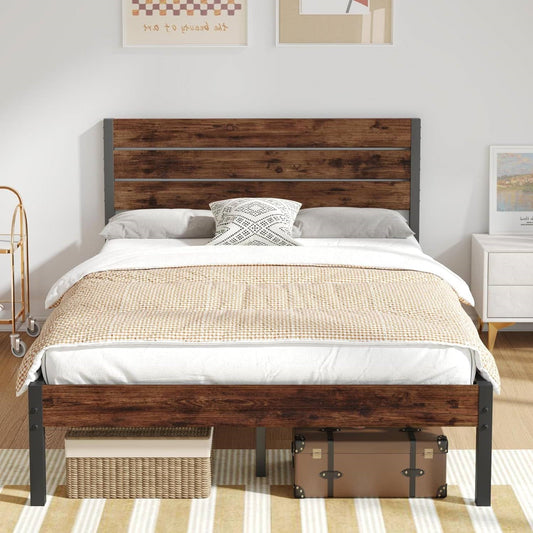 Full size Modern Farmhouse Metal Platform Bed Frame with Brown Wood Headboard - Tampa Home & Garden Store
