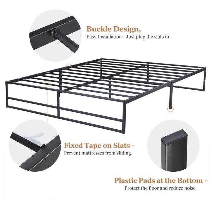 Base de cama de plataforma matrimonial de metal negro con espacio de almacenamiento debajo de la cama