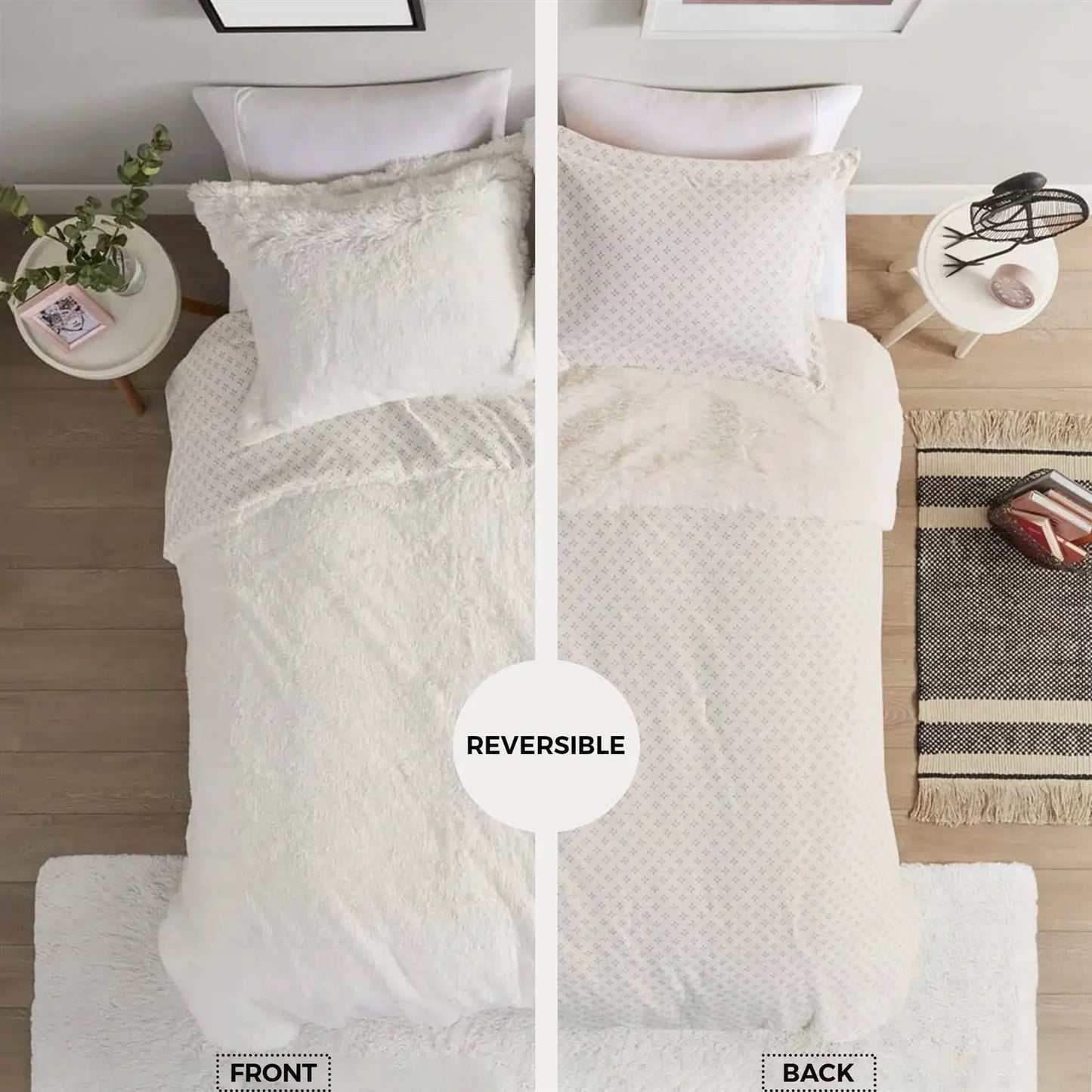 Full/Queen size Reversible Soft Sherpa Faux Fur 3-Piece Comforter Set in Ivory - Tampa Home & Garden Store