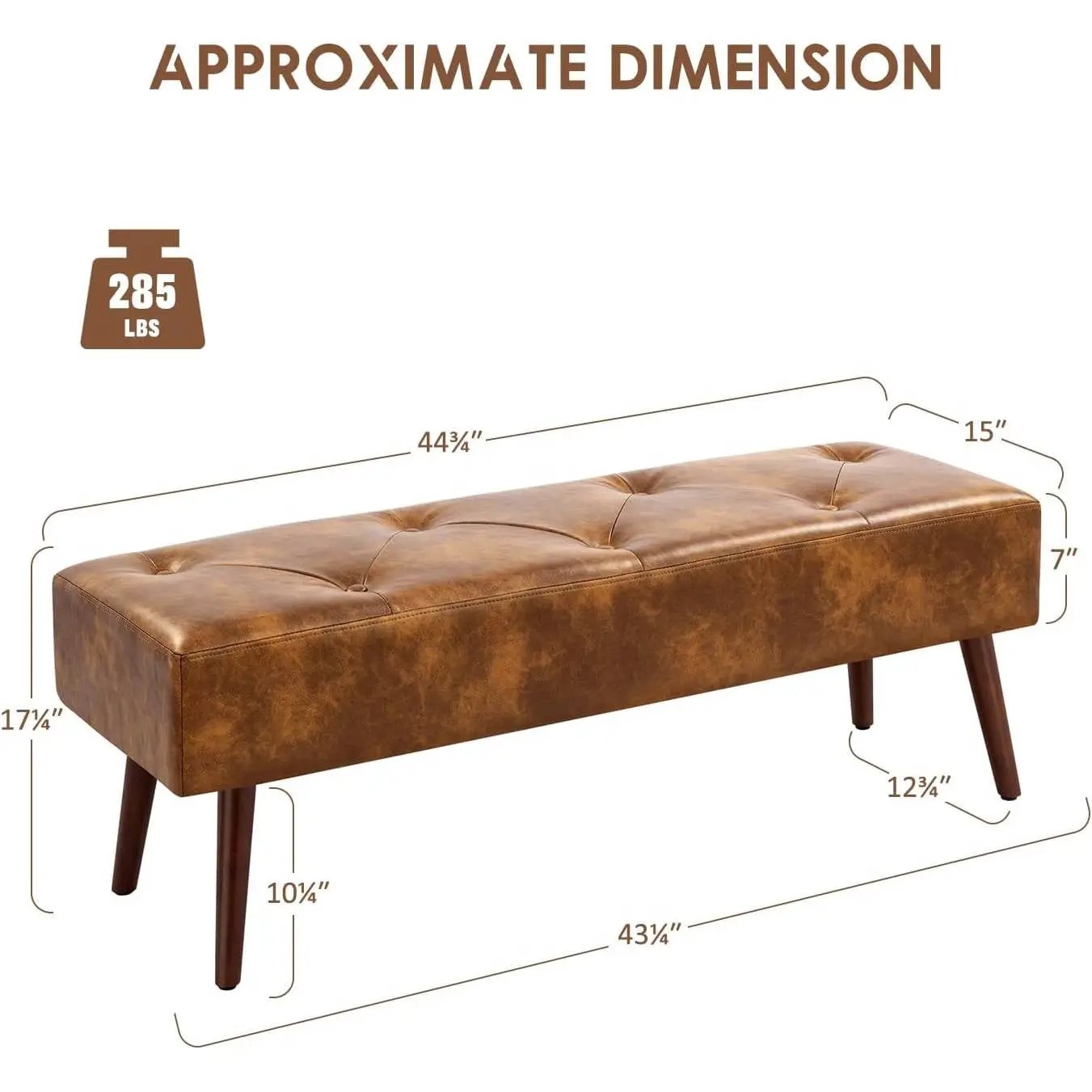 Mid-Century End of Bed Bench with Brown Leather Upholstered Seat Solid Wood Legs - Tampa Home & Garden Store