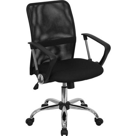 Silla de oficina de malla negra de respaldo medio con base de acabado cromado