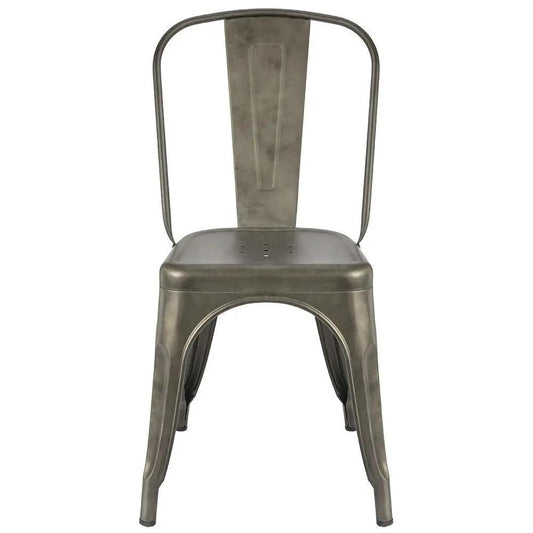 Gun metal stackable cafe dining chair with curved back and perforated seat on Tampa Home & Garden Store
