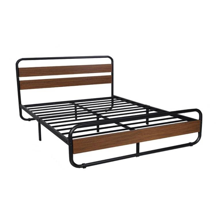 Estructura de cama de plataforma de metal y madera, moderna, industrial, de alta resistencia con cabecero