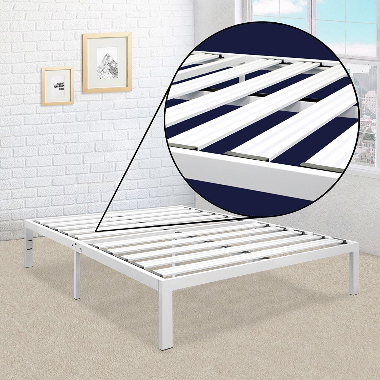 Base de cama de plataforma metálica resistente tamaño matrimonial en blanco