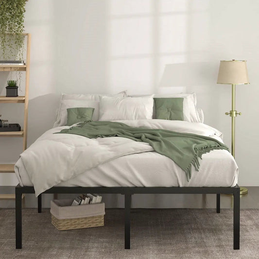 Full 18-Inch black metal platform bed frame with underbed storage basket in a bedroom on Tampa Home & Garden Store
