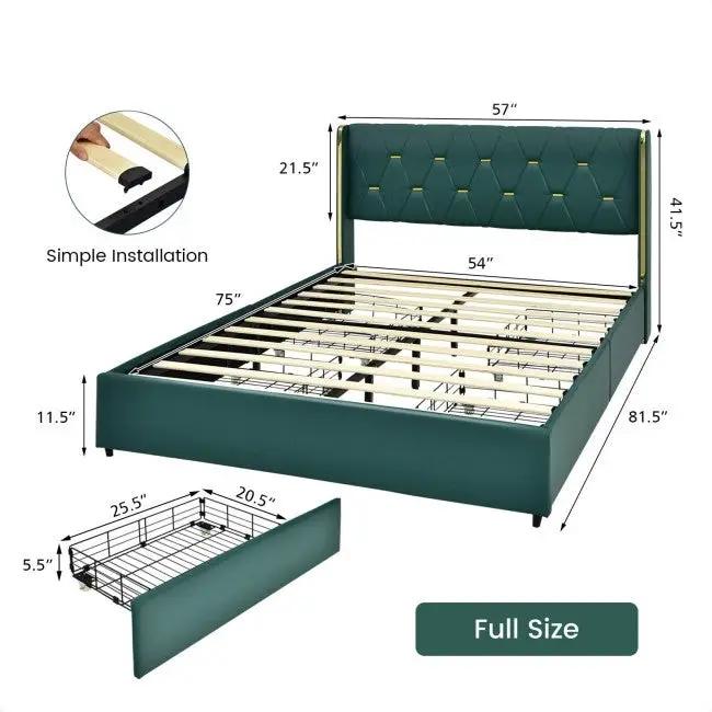 Full Size Green/Gold Linen Headboard 4 Drawer Storage Platform Bed - Tampa Home & Garden Store