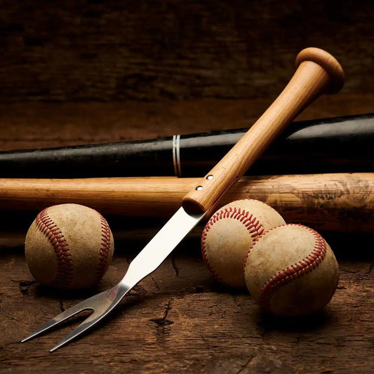 Forkball Fork Bat Handle Grill Tool with wooden handle and tines 3 baseballs in frame on Tampa Home & Garden Store