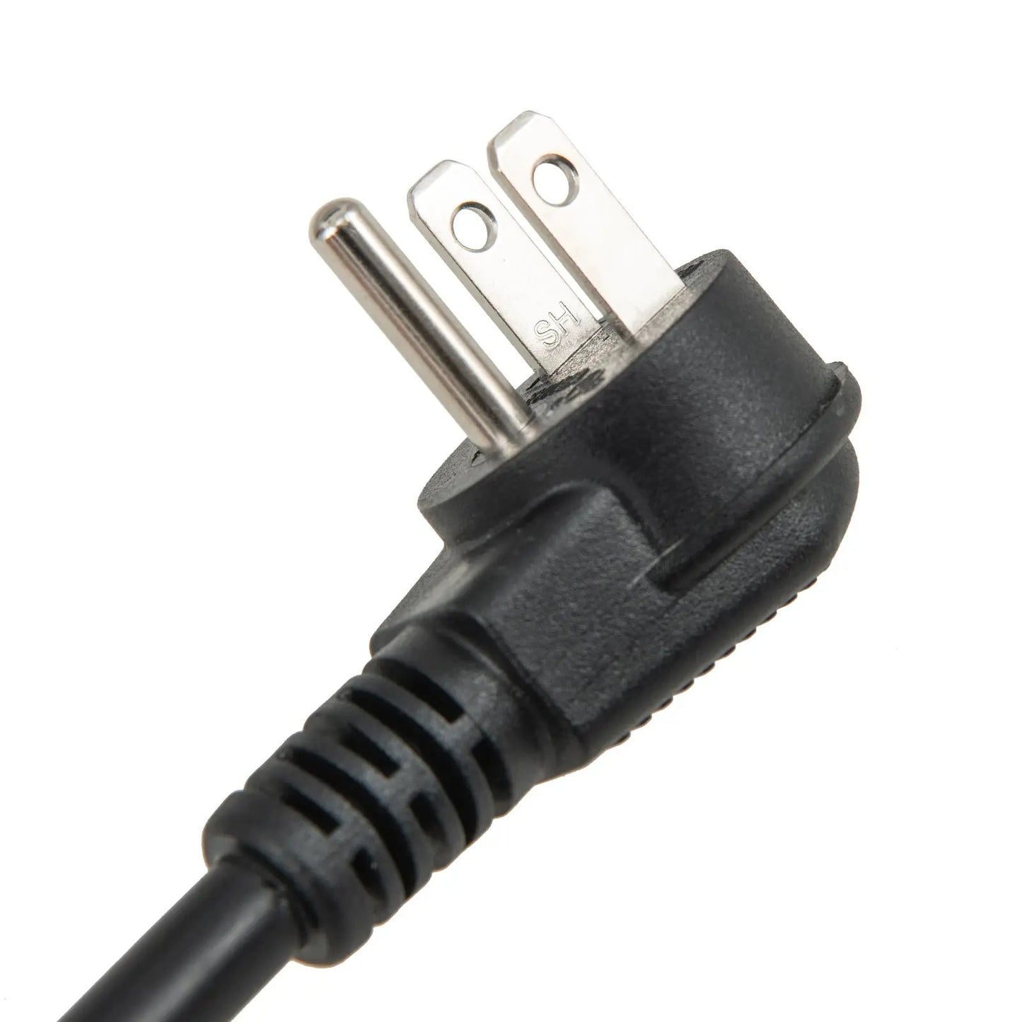 Electrical plug with two flat blades and grounding pin on a black cord against a white background on Tampa Home & Garden Store
