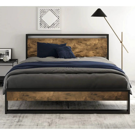 Full-size metal wood platform bed with headboard, black frame and rustic wood panel on Tampa Home & Garden Store