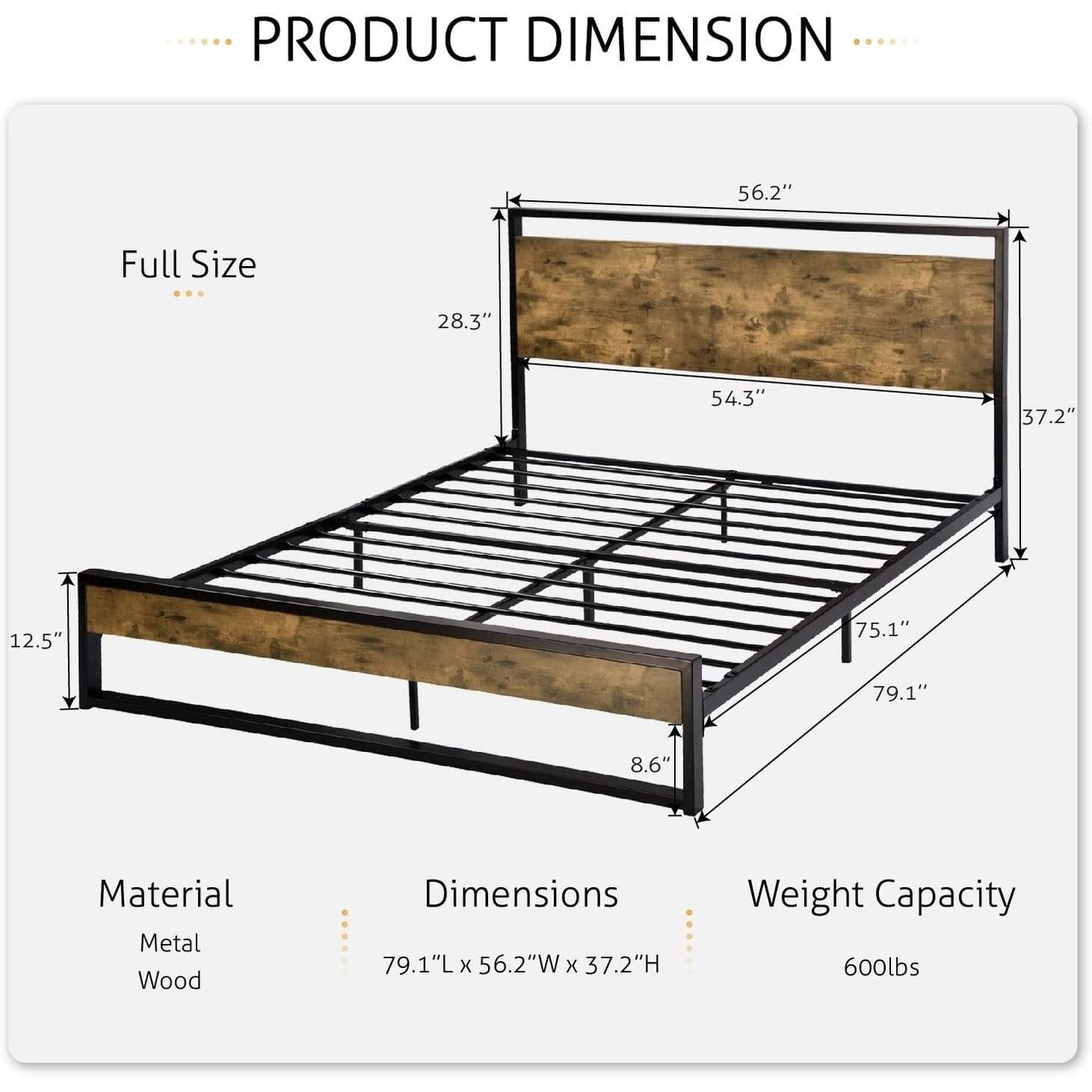 Marco de cama de plataforma de metal y madera de tamaño completo con cabecero industrial