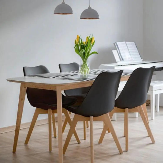 Dining chairs set of 4: black PU leather seats with natural wood legs, mid-century style on Tampa Home & Garden Store