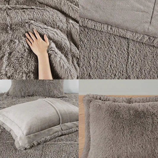 Grey Sherpa Faux Fur Comforter Set with Shams, Full/Queen, 3-Piece on Tampa Home & Garden Store