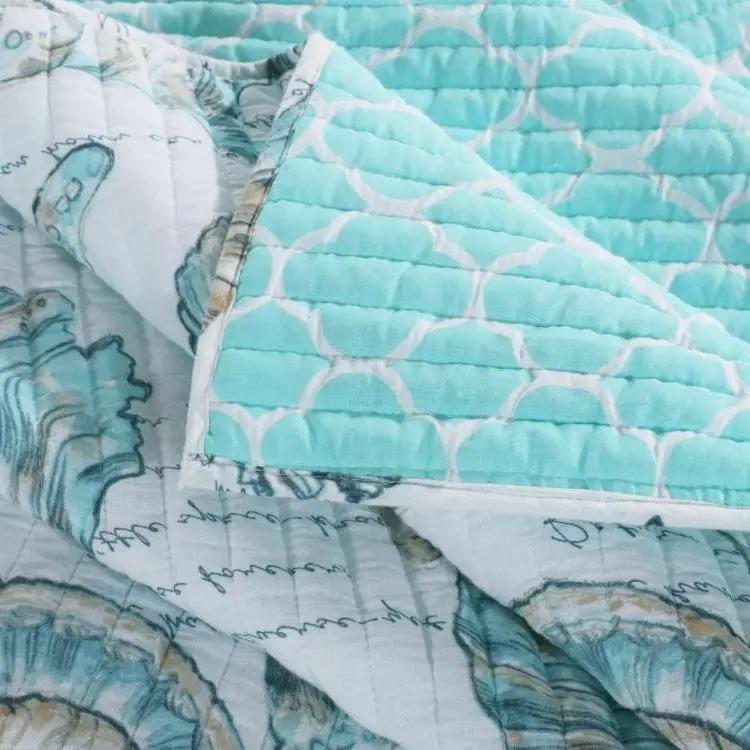 Full / Queen Coastal Seashells White Teal 3 Piece Polyester Reversible Quilt Set - Tampa Home & Garden Store