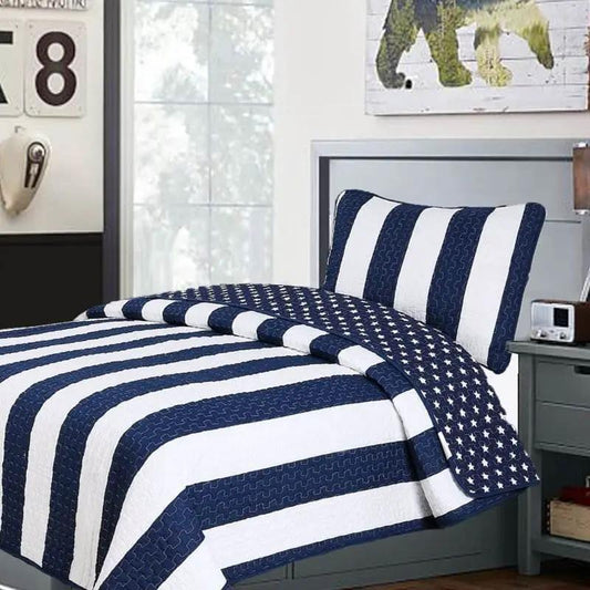 Full/Queen Navy Blue Stars Stripes Quilt Set, 3pc by HomePacific with starry stripe sham on Tampa Home & Garden Store