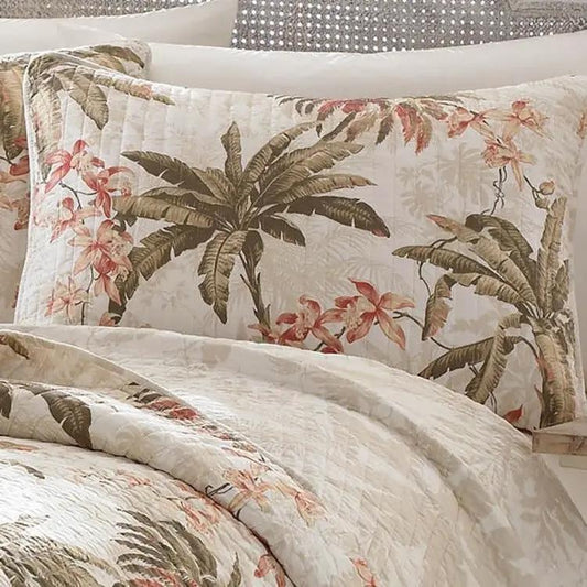 Coastal Palm Tree Floral Quilt Set Full/Queen, cotton, 3-piece reversible with palm leaves on Tampa Home & Garden Store