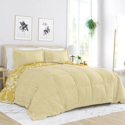 Full/Queen Yellow Floral Reversible Comforter Set 3-Piece with yellow stripes and floral reverse on Tampa Home & Garden Store