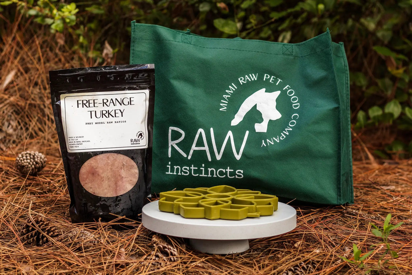 Raw turkey meal blend for cats and dogs in a black pouch, Free-Range label, Raw Instincts on Tampa Home & Garden Store