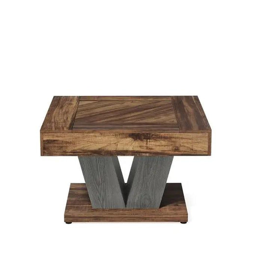 Square farmhouse coffee table in brown wood finish with a gray V-shaped pedestal base on Tampa Home & Garden Store