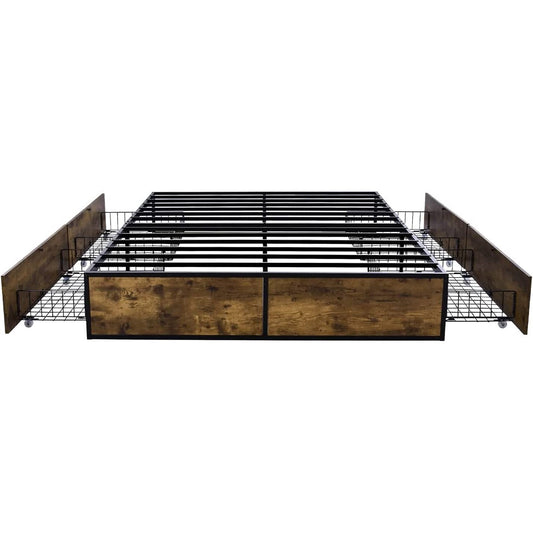 Full Metal Wood Platform Bed Frame with 4 Storage Drawers - 600 lbs Max Weight - Tampa Home & Garden Store
