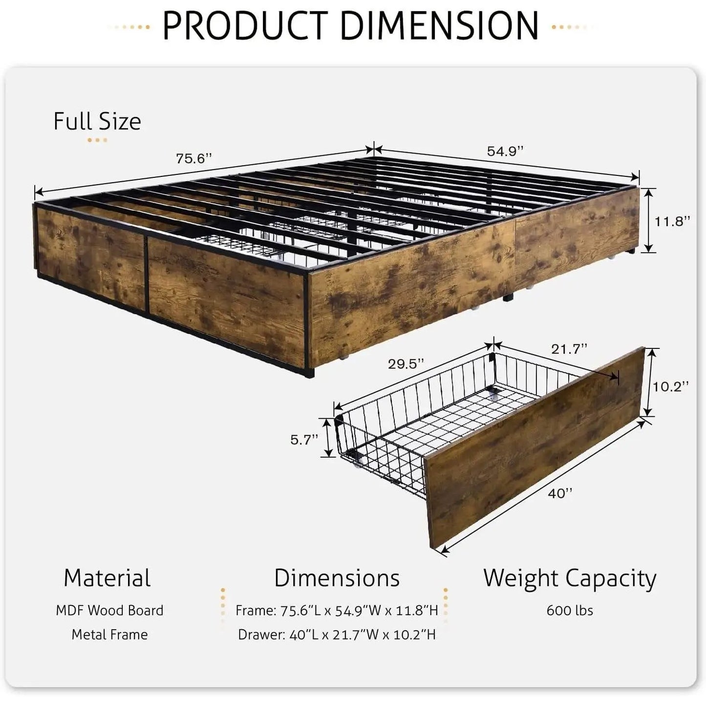 Full Metal Wood Platform Bed Frame with 4 Storage Drawers - 600 lbs Max Weight - Tampa Home & Garden Store