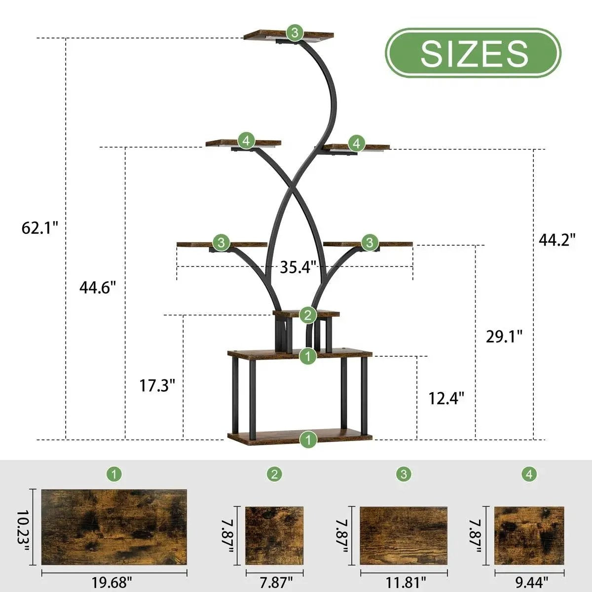 62-Inch tree-shaped plant stand with grow lights, black metal frame and rustic wood shelves on Tampa Home & Garden Store