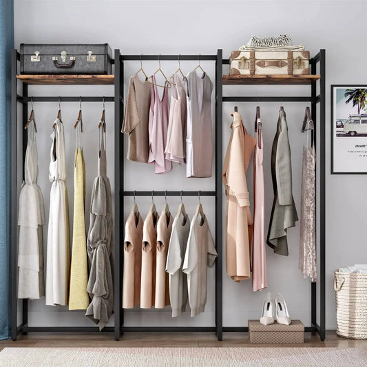 Black metal garment rack with 4 rods and wood shelves for open wardrobe setup on Tampa Home & Garden Store