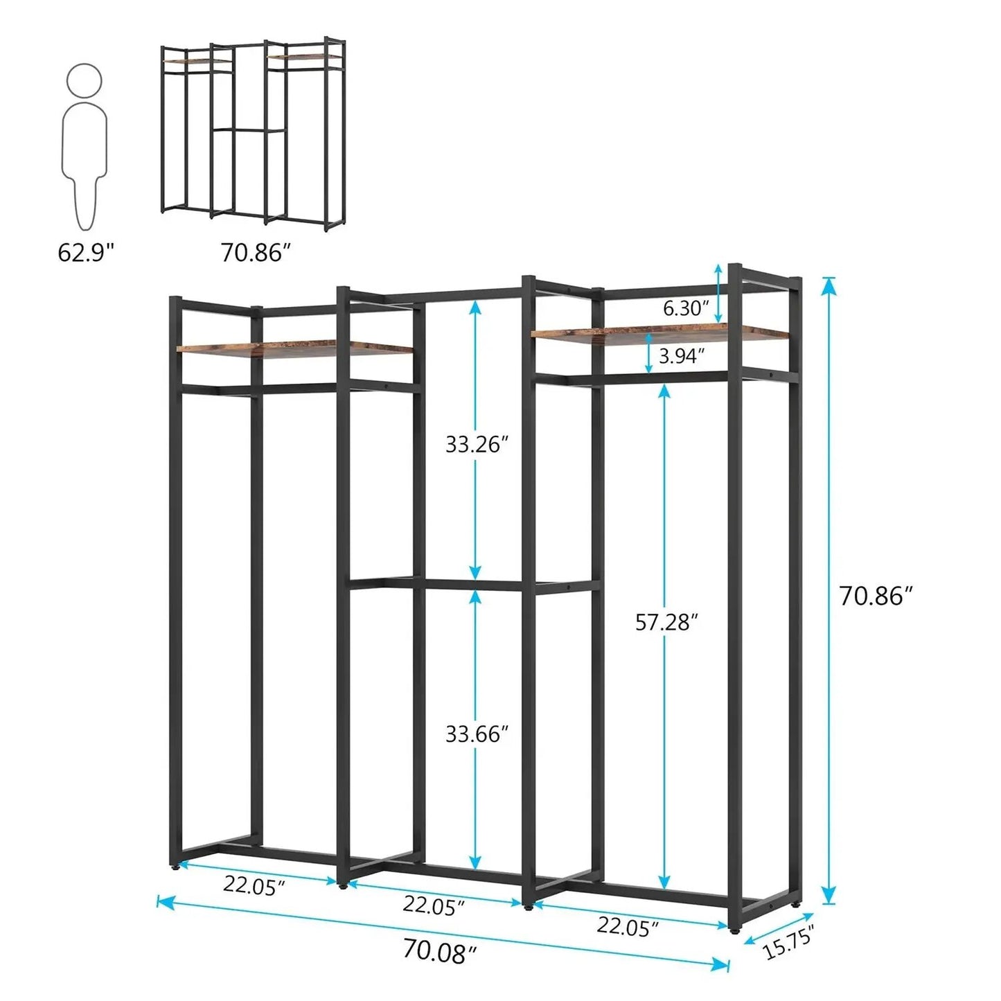 Black Metal Garment Rack with 4 Clothes Hanging Rods and 2 Wood Storage Shelves - Tampa Home & Garden Store