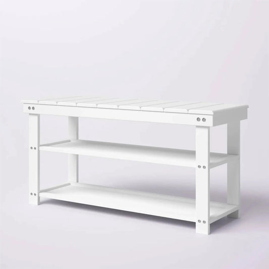 White slatted wood shoe rack bench with 2 shelves for entryway storage on Tampa Home & Garden Store