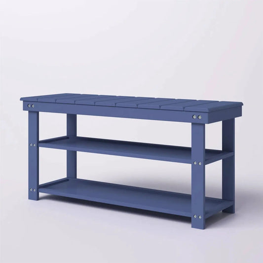 Blue Wood 2-Shelf Shoe Rack Storage Bench - 150 lbs. Weight Capacity - Tampa Home & Garden Store