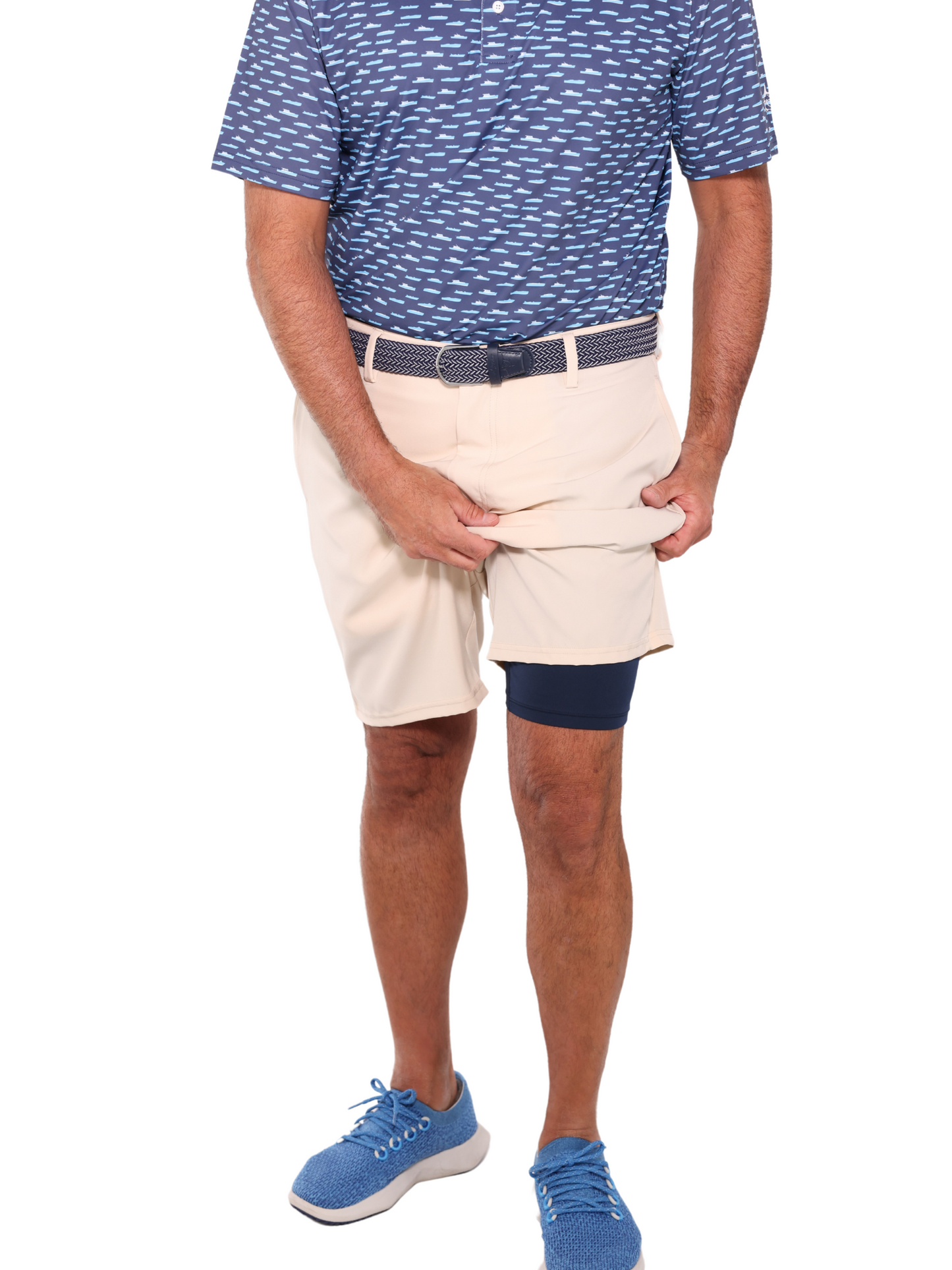 Freeport Short Effortless Performance beige shorts with woven navy belt by White Water Life on Tampa Home & Garden Store