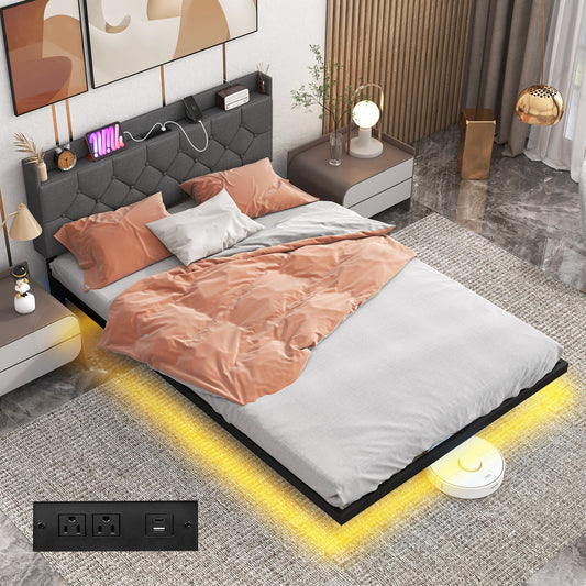 Full/Queen Size Floating Bed Frame with LED and Headboard and Charging Station - Tampa Home & Garden Store