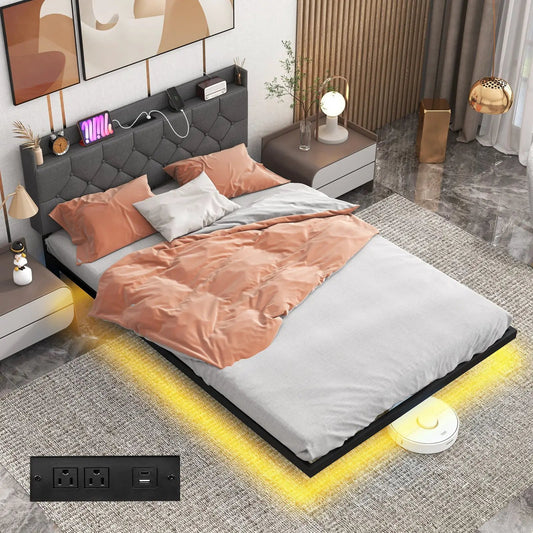 Full Queen Floating Bed Frame with LED glow and tufted gray headboard with charging station on Tampa Home & Garden Store