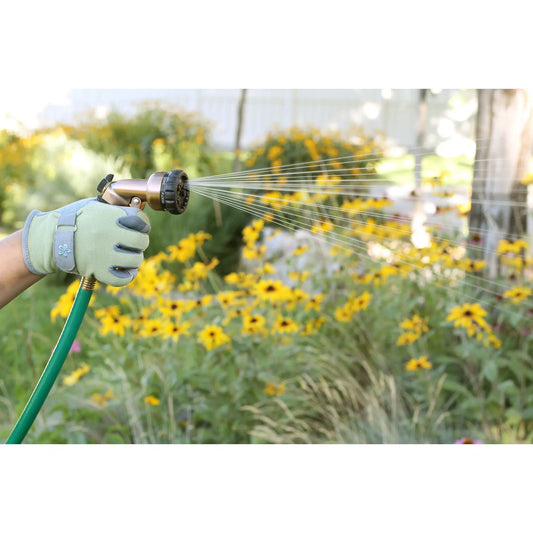 7-Pattern Zinc Front Trigger Nozzle Copper Orbit Irrigation gloved hand watering lawn on Tampa Home & Garden Store