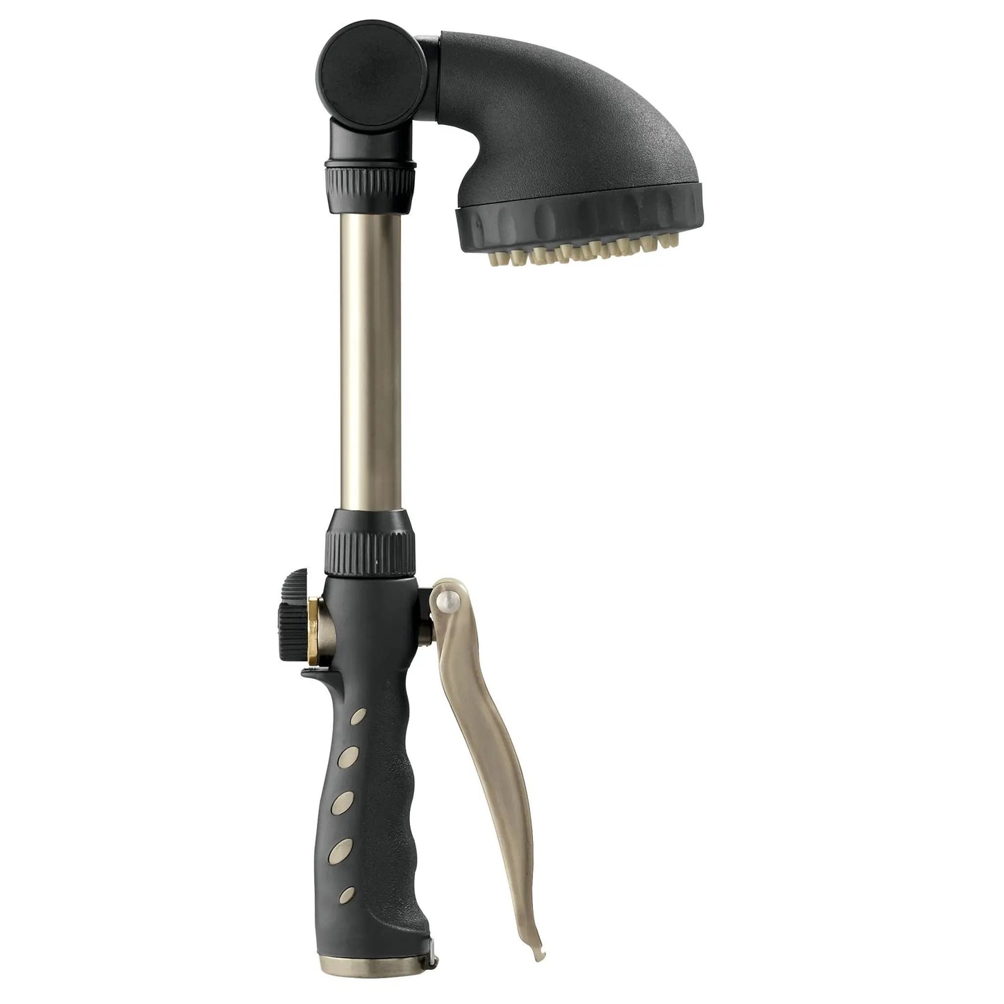 15-in ratcheting shower head watering wand with black curved spray head and brass-toned shaft on Tampa Home & Garden Store