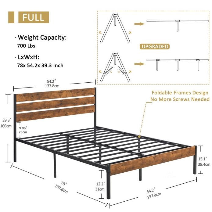 Base de cama completa de plataforma industrial con cabecero y pie de cama de madera laminada marrón