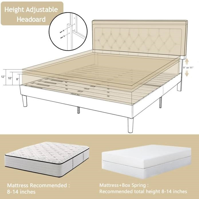 Base de cama de plataforma de tamaño completo de altura ajustable con cabecero tapizado en beige