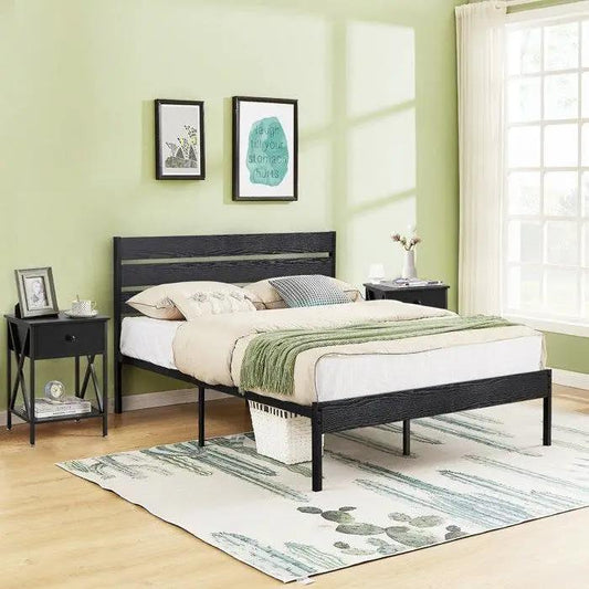 Industrial platform bed frame with black wood-slatted headboard on Tampa Home & Garden Store