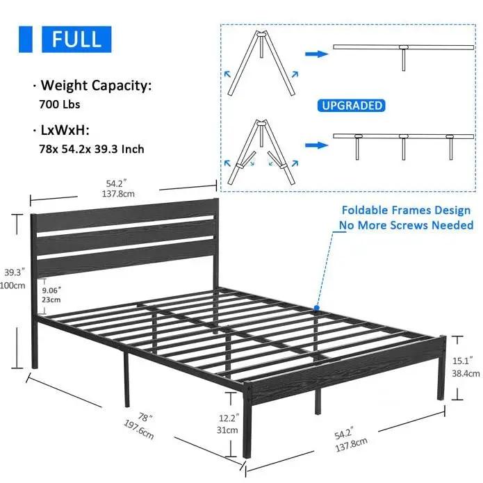 Industrial platform bed frame with wood slatted headboard in black, full size, HomePacific on Tampa Home & Garden Store