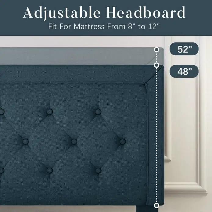 Full-size adjustable platform bed with navy blue tufted upholstered headboard on Tampa Home & Garden Store