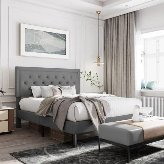 Grey linen platform bed with tufted headboard, upholstered low-profile bed frame on Tampa Home & Garden Store