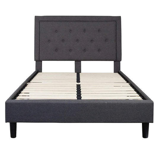 Grey tufted fabric platform bed frame with upholstered headboard and slats on Tampa Home & Garden Store